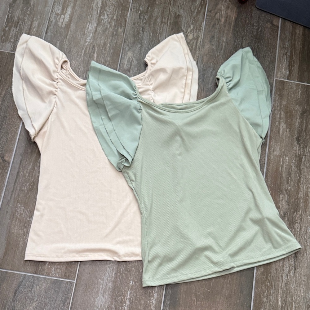 Bundle of 3 Women's Flutter Sleeve Blouses - Beige and Sage and green